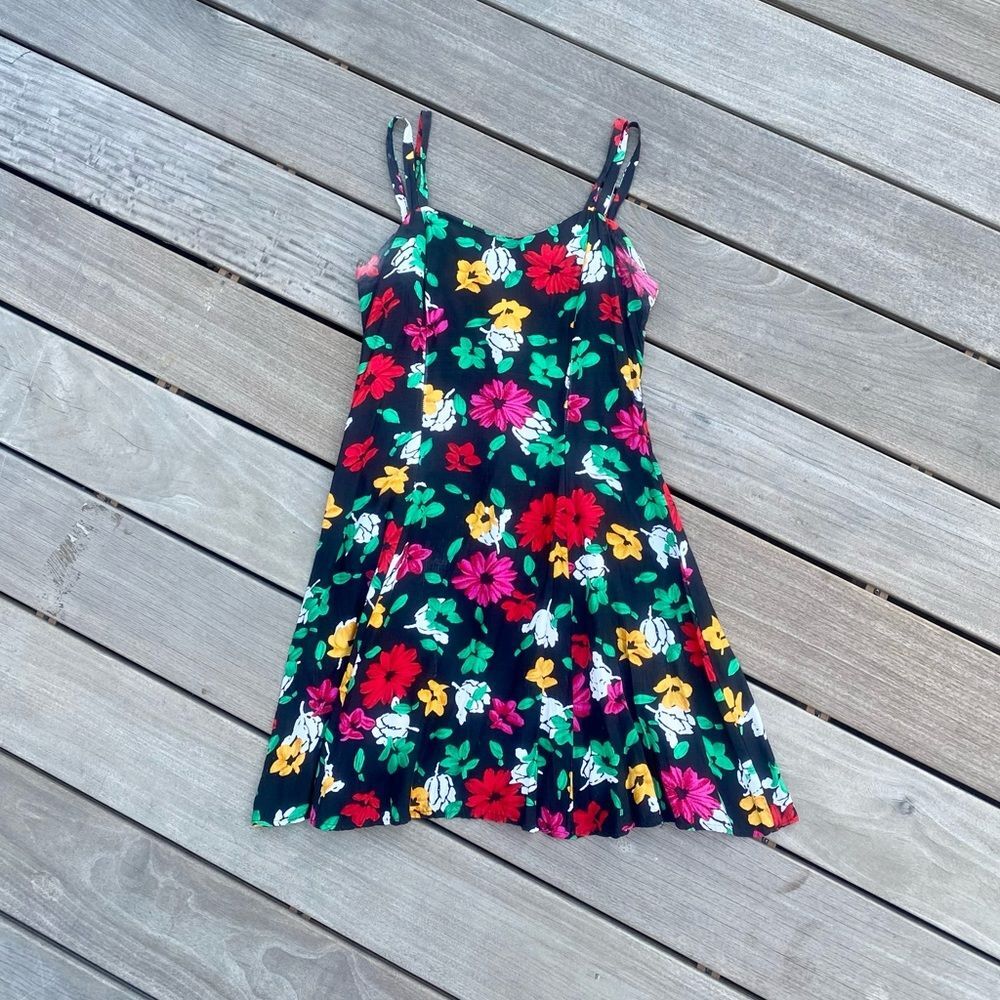 All That Jazz Vintage Cute Double Strap Floral Black Sun Dress 0 2 XS Women’s